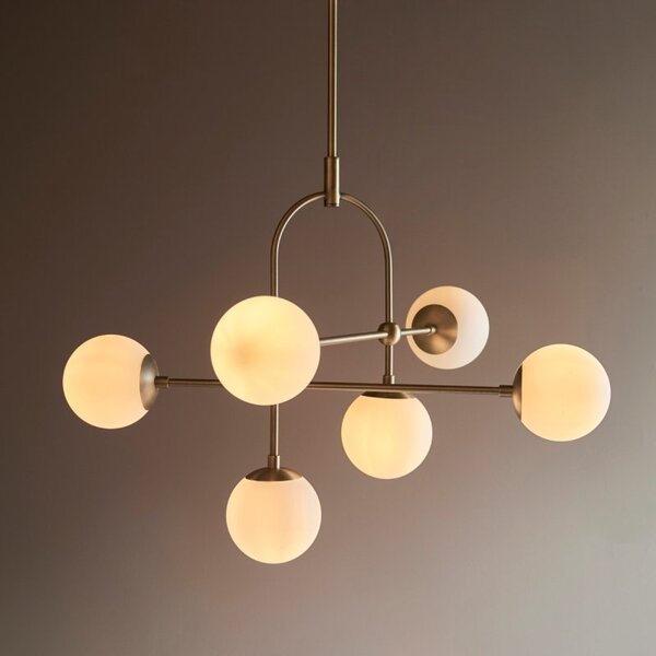 Orio 6 Light Ceiling Pendant Light In Matt Antique Brass With Opal Glass