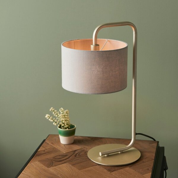 Modern 1 Light Table Lamp In Satin Champagne With Slate Grey Fabric Shade