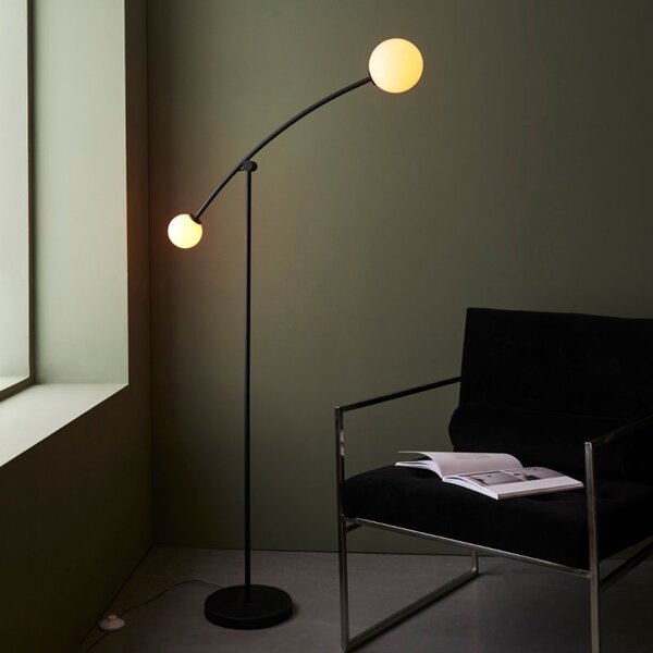 Contemporary 2 Light Floor Lamp In Matt Black With Gloss Opal Glass