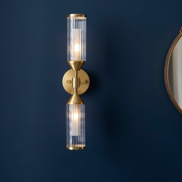 Pillar 2 Light Wall Light In Satin Brass With Clear Ribbed And Frosted Glass