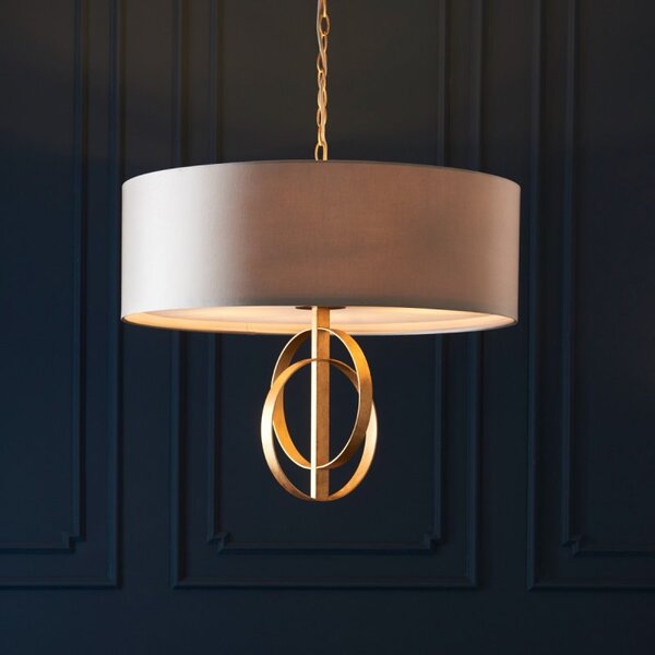 Sculptural 5 Light Ceiling Pendant Light In Antique Gold Leaf With Mink Satin Shade