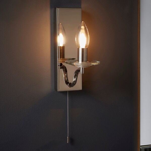 Stylish 1 Light Wall Bathroom Light In Nickel Finish With Clear Crystal Detail IP44