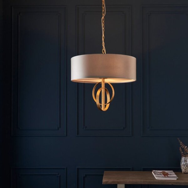 Sculptural 3 Light Ceiling Pendant Light In Antique Gold Leaf With Mink Satin Shade