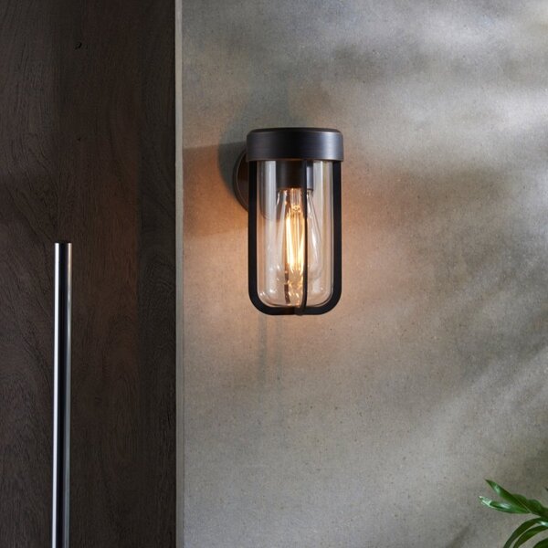 Contemporary Single Wall Light In Brushed Bronze And Clear Glass IP44