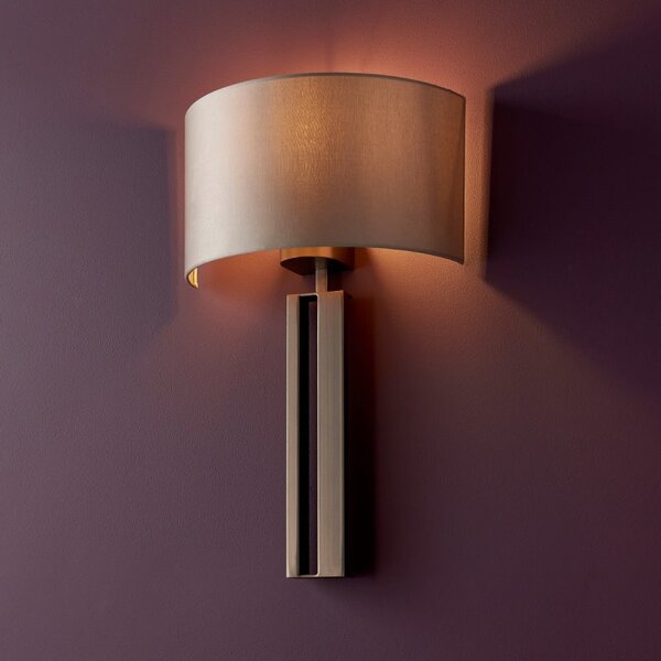 Elegant 1 Light Wall Light In Brushed Bronze Finish With Mink Satin Shade