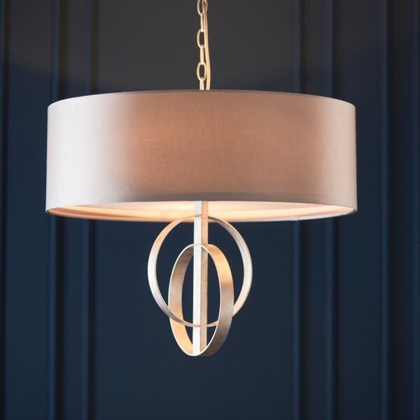 Sculptural 5 Light Ceiling Pendant Light In Antique Silver Leaf With Mink Satin Shade