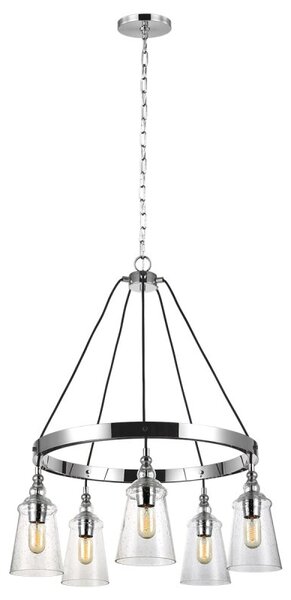 Quintiesse QN-LORAS5 Loras 5 Light Industrial Chandelier In Polished Chrome With Seeded Glass