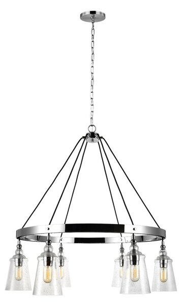 Quintiesse QN-LORAS6 Loras 6 Light Industrial Chandelier In Polished Chrome With Seeded Glass