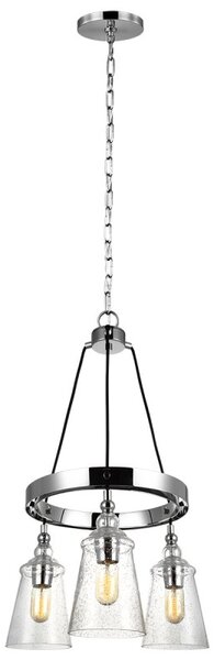 Quintiesse QN-LORAS3 Loras 3 Light Industrial Ceiling Chandelier In Polished Chrome With Seeded Glass