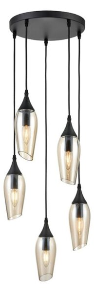 Franklite Taper 5 Light Ceiling Cluster Light In Matt Black With Amber Glass FL2420-5/346