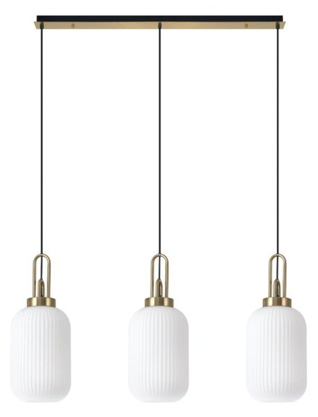 Glenn 3 Light Tubular Linear Pendant in Brass Gold With Opal Ribbed Glass