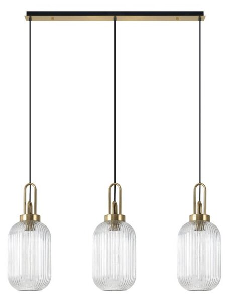Glenn 3 Light Tubular Linear Pendant in a Brass Gold With Clear Ribbed Glass