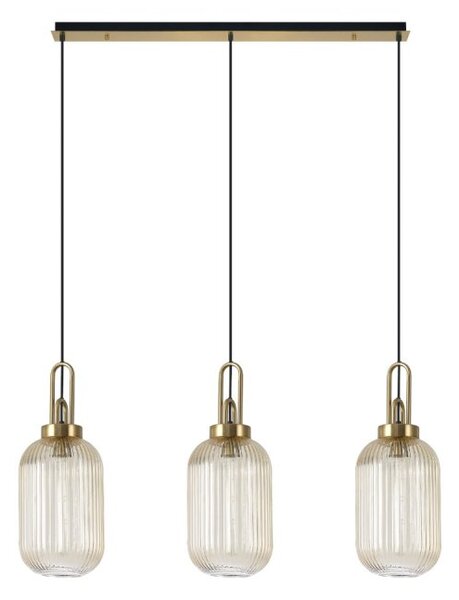 Glenn 3 Light Tubular Linear Pendant In Brass Gold With Champagne Ribbed Glass 