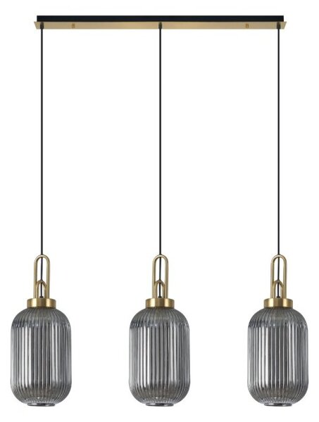Glenn 3 Light Tubular Linear Pendant In Brass Gold With Smoked Ribbed Glass 