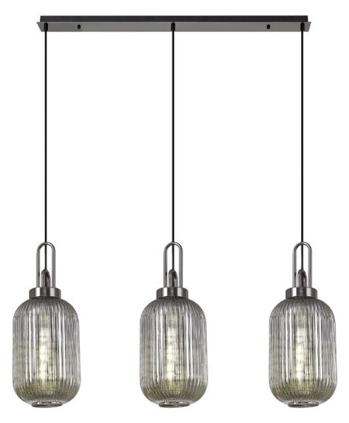 Glenn 3 Light Tubular Linear Pendant In Black Chrome With Smoked Ribbed Glass 