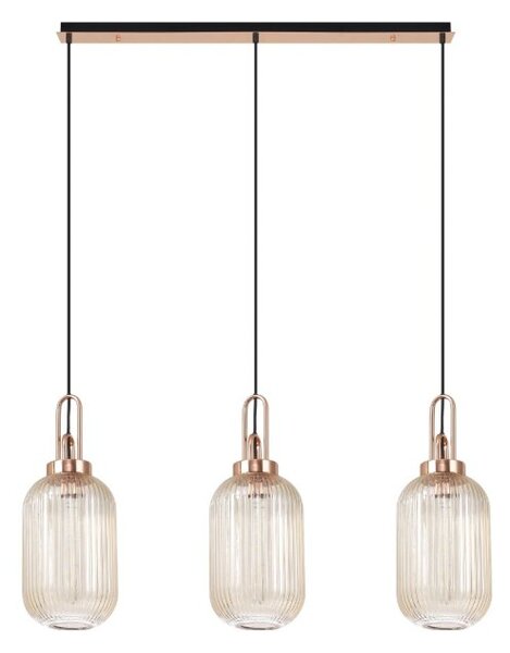 Glenn 3 Light Tubular Linear Pendant in Copper With Champagne Ribbed Glass