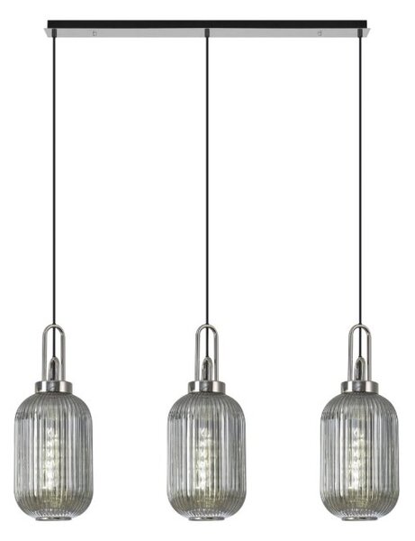 Glenn 3 Light Tubular Linear Pendant in Polished Nickel With Smoked Ribbed Glass