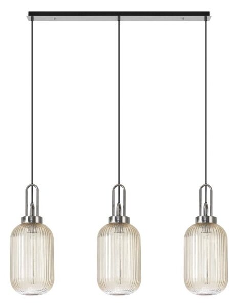 Glenn 3 Light Tubular Linear Pendant in Polished Nickel With Champagne Ribbed Glass