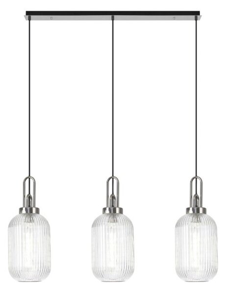 Glenn 3 Light Tubular Linear Pendant in Polished Nickel With Clear Ribbed Glass