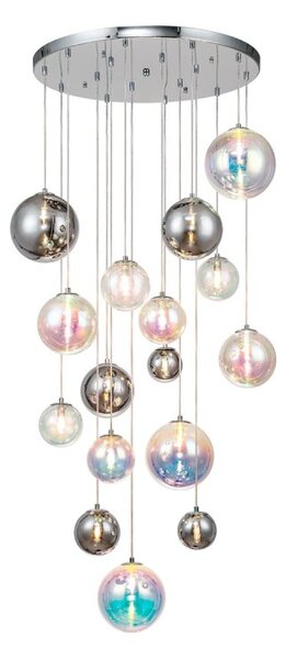 System 16 Light Ceiling Pendant In Chrome Finish With Iridescent Glass Shades 