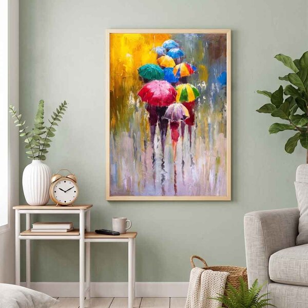 Impressionist Wooden 20x30cm Rainy Day Umbrella Wall Frame in Multicolour