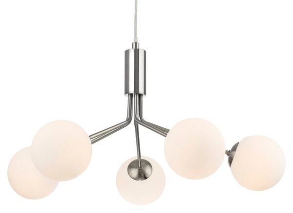 Firstlight 2889BS Montana 5 Light Ceiling Pendant Light In Brushed Steel With Opal Glass Shade