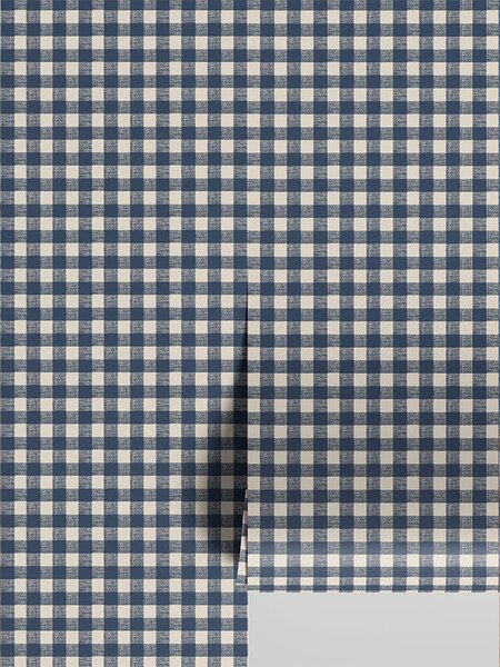 Titan Blue Gingham Wallpaper | Default | Piglet in Bed
