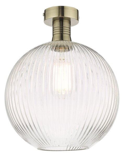 Dar Lighting Emerson Semi Flush Ceiling Light In Antique Brass With Round Ribbed Glass EME4875-E02