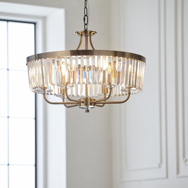 Classic 6 Light Ceiling Pendant Light In Antique Brass Finish With Clear Cut Glass