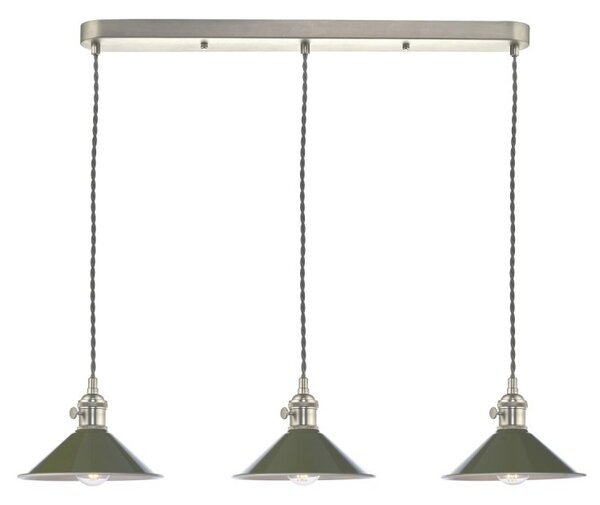 Dar Lighting Hadano 3 Light Bar Ceiling Pendant Light In Antique Chrome With Olive Shades