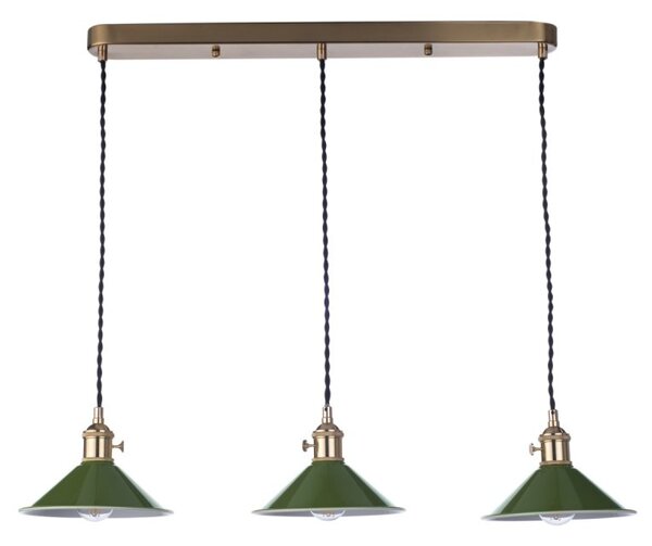 Dar Lighting Hadano 3 Light Bar Ceiling Pendant Light In Natural Brass With Olive Shades