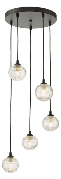 Dar Lighting Federico 5 Light Cluster Ceiling Pendant Light In Black With Clear Ribbed Glass