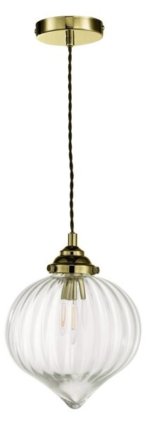 Dar Lighting Mya Single Ceiling Pendant In Antique Brass Finish With Ribbed Droplet Glass