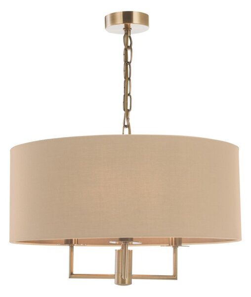 Dar Lighting Jamelia 3 Light Ceiling Pendant Light In Antique Brass Finish With Taupe Faux Silk Shade