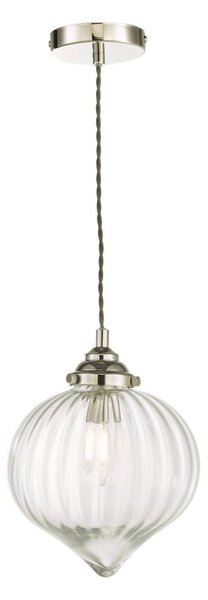 Dar Lighting Mya Single Ceiling Pendant In Nickel Finish With Ribbed Droplet Glass