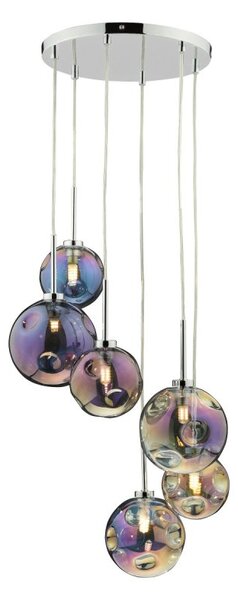Dar Lighting Mira 6 Light Cluster Ceiling Pendant Light In Polished Chrome With Iridised Glass