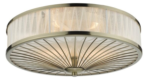Dar Lighting Oslo 3 Light Flush Ceiling Light In Antique Brass Finish With Ivory Organza Border