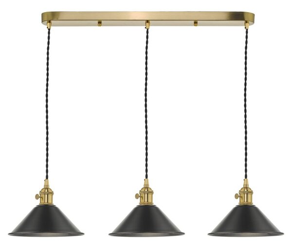 Dar Lighting Hadano 3 Light Bar Ceiling Pendant Light In Natural Brass With Pewter Shades
