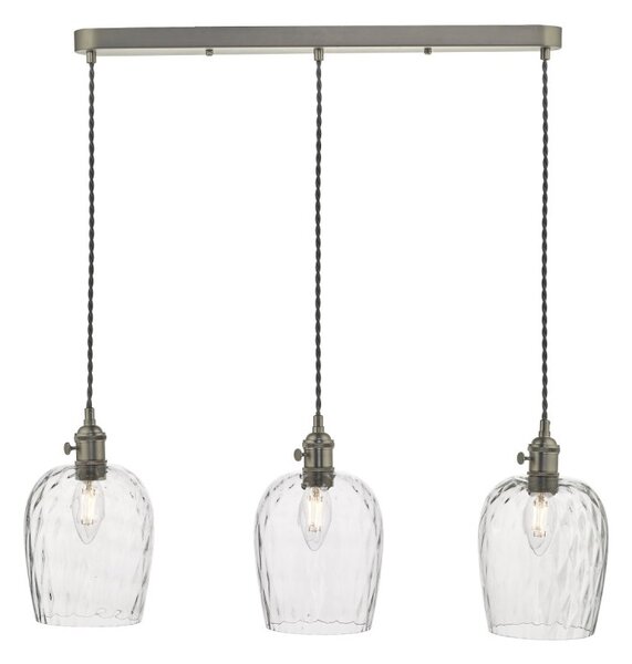 Dar Lighting Hadano 3 Light Bar Ceiling Pendant Light In Antique Chrome With Dimpled Glass Shades