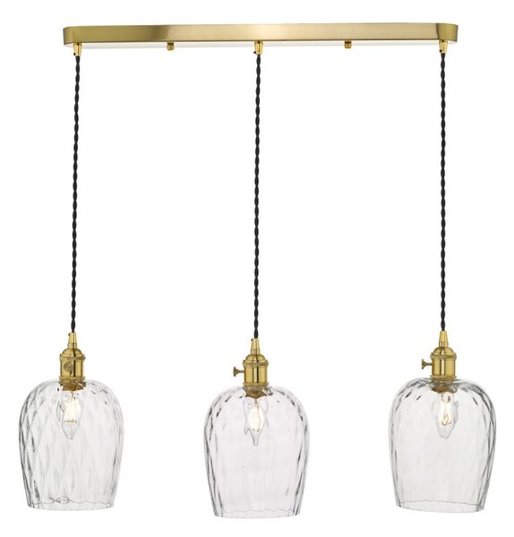 Dar Lighting Hadano 3 Light Bar Ceiling Pendant Light In Natural Brass With Dimpled Glass Shades