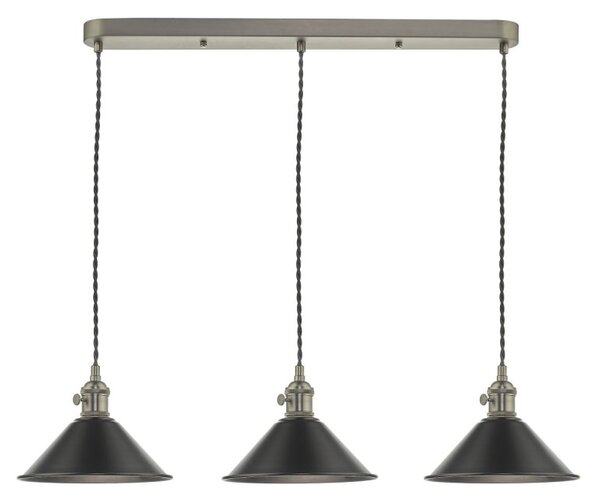 Dar Lighting Hadano 3 Light Bar Ceiling Pendant Light In Antique Chrome With Pewter Shades