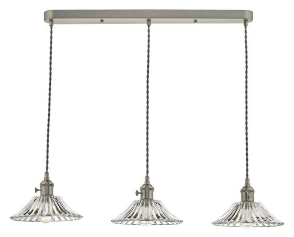Dar Lighting Hadano 3 Light Bar Ceiling Pendant Light In Antique Chrome With Ribbed Glass Shades