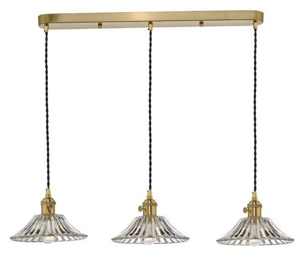 Dar Lighting Hadano 3 Light Bar Ceiling Pendant Light In Natural Brass With Flared Glass Shades