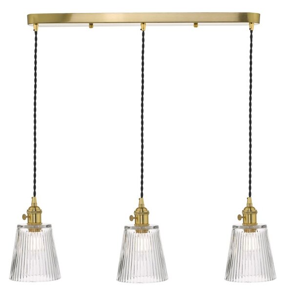Dar Lighting Hadano 3 Light Bar Ceiling Pendant Light In Natural Brass With Ribbed Glass Shades