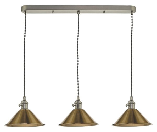 Dar Lighting Hadano 3 Light Bar Ceiling Pendant Light In Antique Chrome With Brass Shades