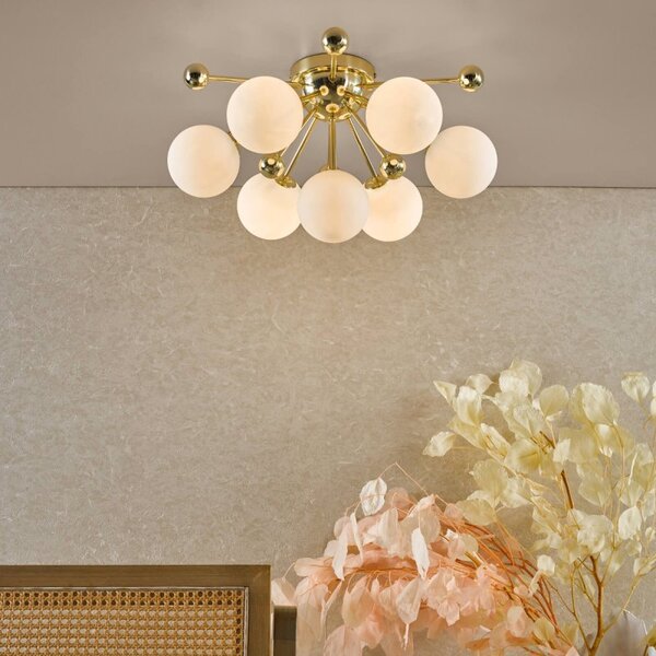 Dar Lighting Ursa 7 Light Flush Ceiling Light In Polished Gold With Opal Glass