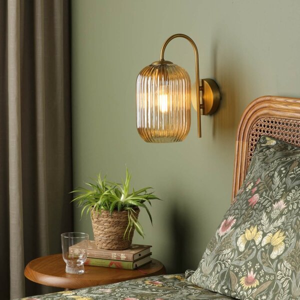 Dar Lighting Idra Wall Light In Aged Bronze Finish With Champagne Ribbed Glass Shade