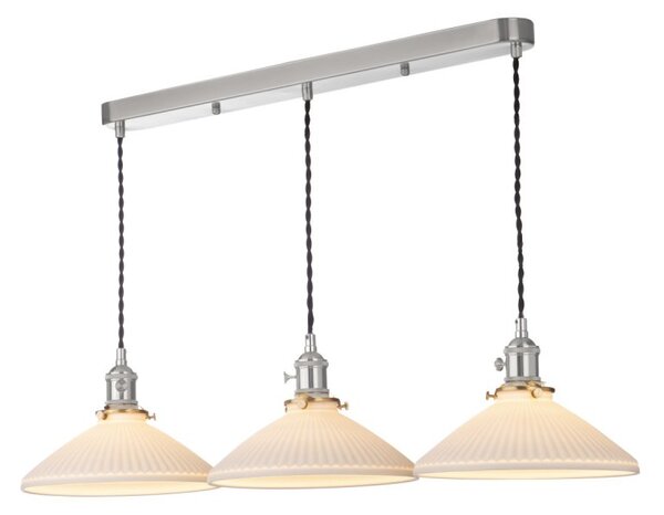 Dar Lighting Hadano 3 Light Bar Ceiling Pendant Light In Antique Chrome With Ceramic Shallow Shade