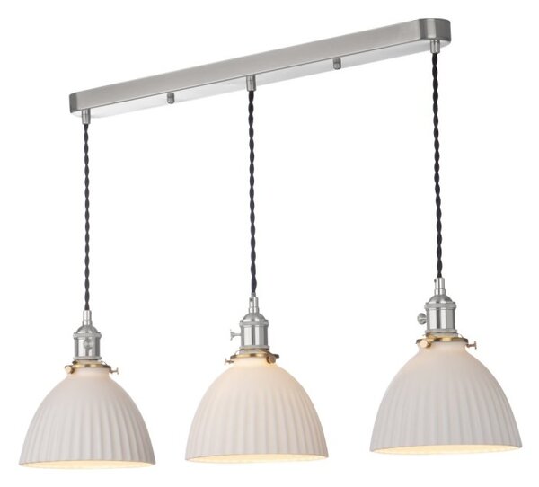 Dar Lighting Hadano 3 Light Bar Ceiling Pendant Light In Antique Chrome With Ceramic Domed Shade