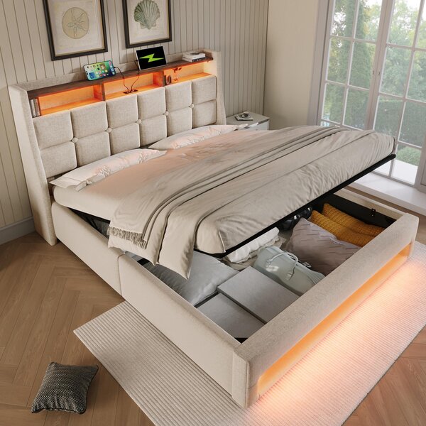 Upholstered Double Bed with LED Lighting and USB‑C Charging Station, Bed Frame with Padded Headboard, 200L x 140W x 117H cm, Beige Aosom UK